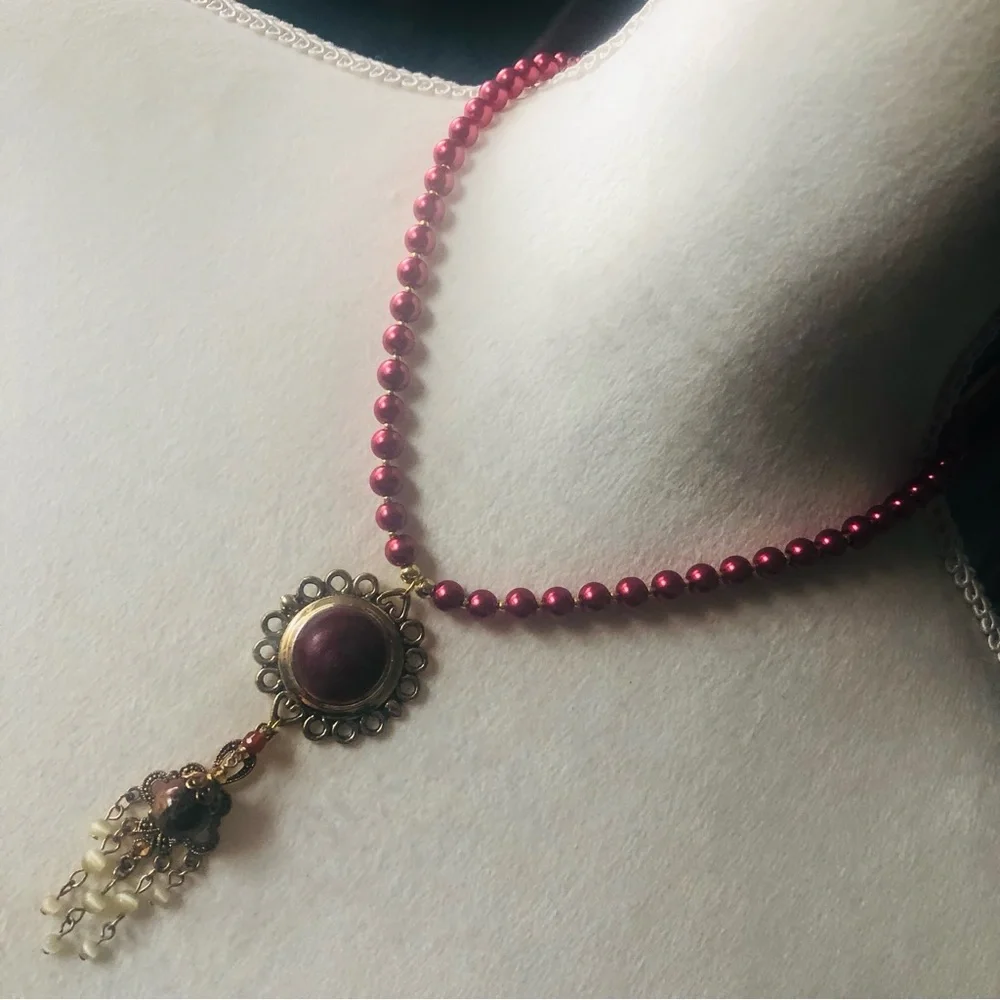 Handcrafted repurpose enamel sunburst chandelier Czech glass Pearl necklace